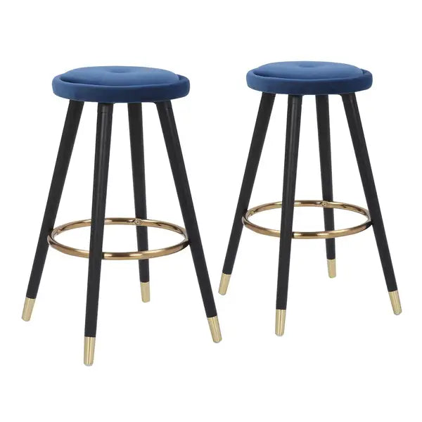 LumiSource Cavalier Glam Counter Stools - Black Wood & Blue Velvet (Set of 2)