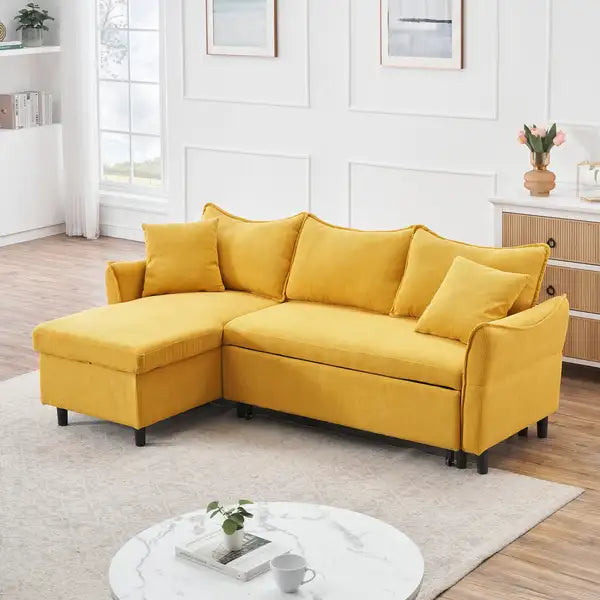 80" Yellow Corduroy L-Shaped Sofa Bed with Storage & Pillows