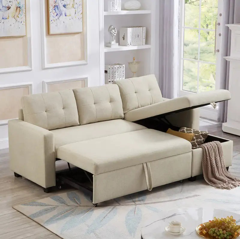 Beige Upholstered Sectional Sofa with Chaise Lounge & Storage