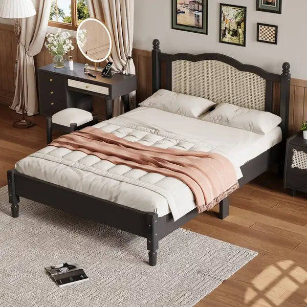 Full Size Wooden Platform Bed with Rattan Headboard - Vintage Bed Frame - Black