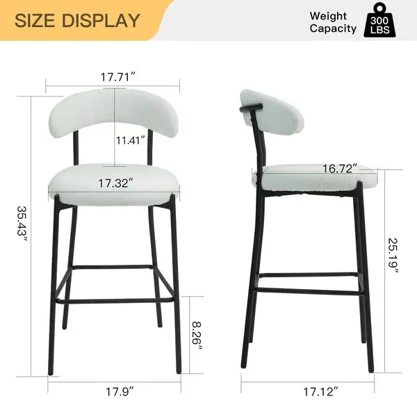 26" Counter Height Bar Stools with Teddy Fabric Cover - Black Base & Footrest (Snow) - Minihomy