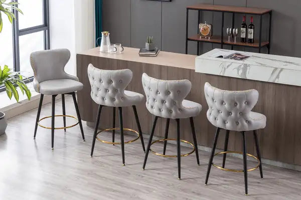 2-Pack Light Gray Modern Bar Stools, 25" Counter Height, Swivel, Tufted Gold Nailhead Trim, Metal Legs - Minihomy