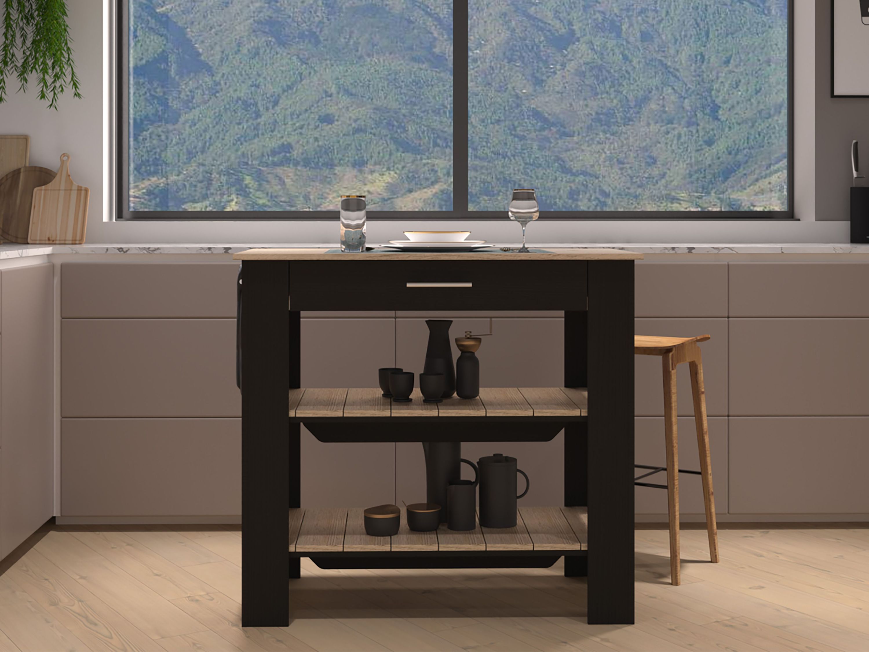 Kitchen Island with Storage - 37" High, Black & Light Oak