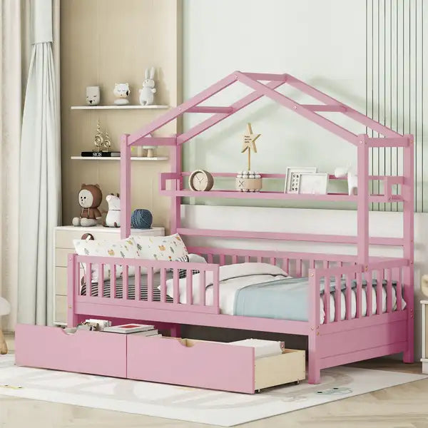 Twin Size House Bed with Storage Drawers & Shelf - Pink for Kids