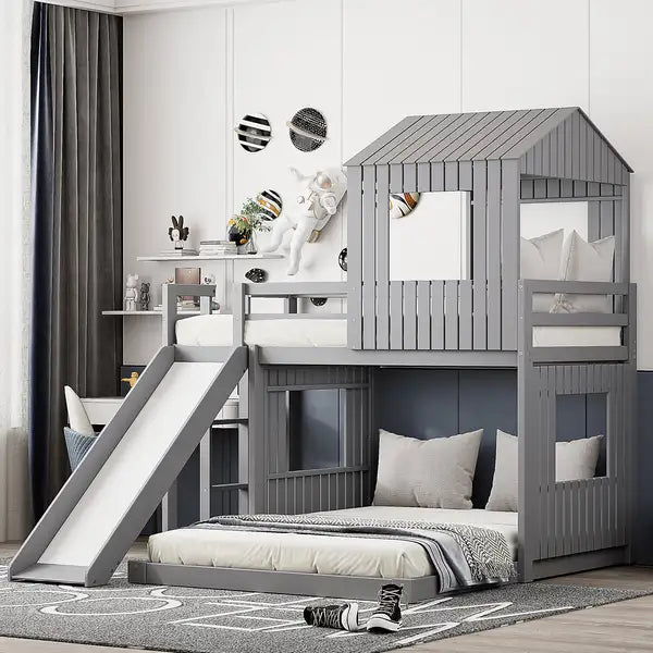 Twin Over Full Bunk Bed with Playhouse, Slide & Guardrails - Farmhouse Style, Gray