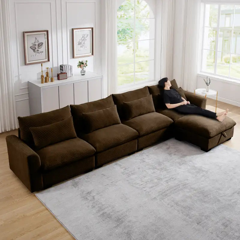 Brown L-Shaped Sectional Sofa with Storage & Pillows