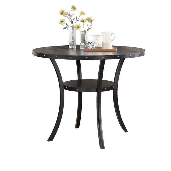 Round Wooden Dining Table with Storage & Nailheads - Counter Height