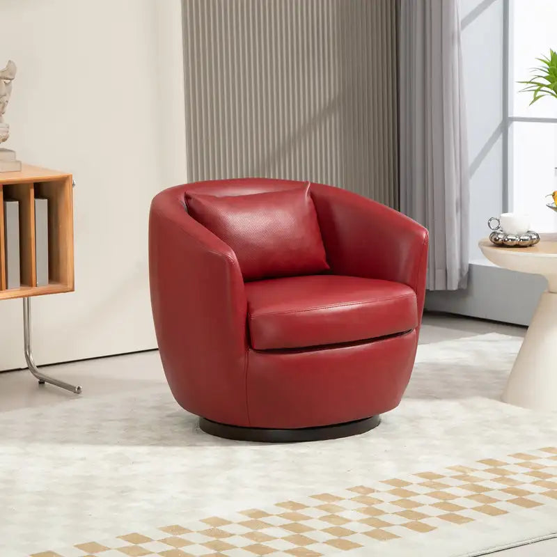 Red PU Leather Swivel Barrel Chair with Storage - Modern Accent Chair