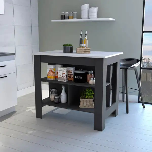 Brooklyn  Kitchen Island, Three Concealed Shelves - Minihomy