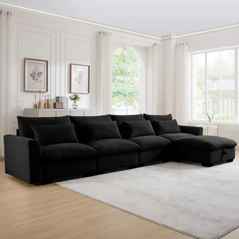 Black Corduroy L-Shaped Sectional Sofa with Storage