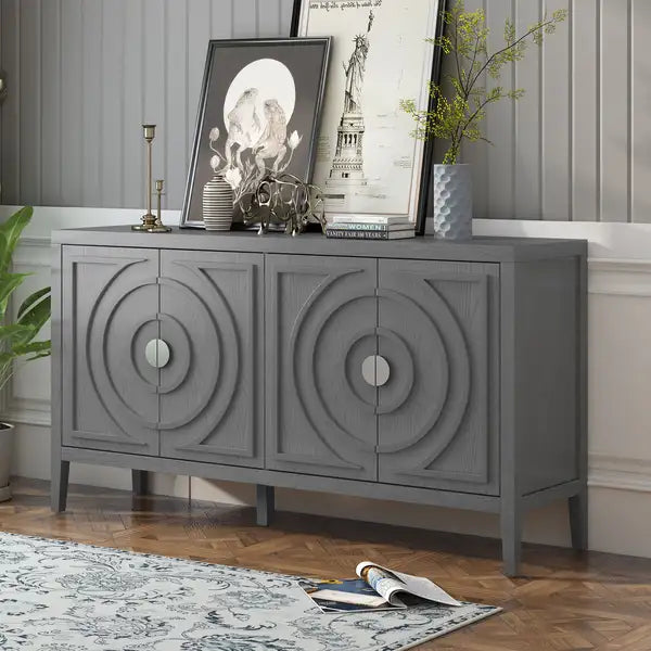 Retro Sideboard Door with Circular Groove Design & Round Metal Handle (Gray) - Entryway, Dining & Living Room Furniture