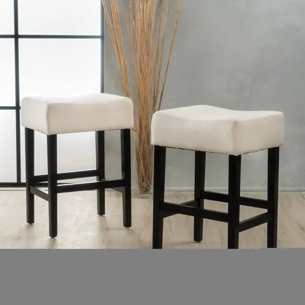 Beige Leather Counter Height Barstools (Set of 2) - 26.75" Backless - Minihomy