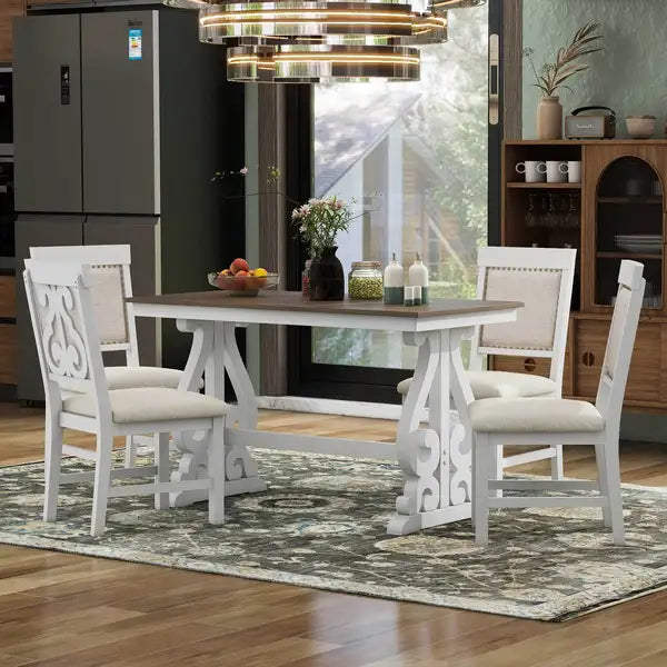 TREXM 5-Piece Retro Dining Set | Wooden Table & Upholstered Chairs (Brown+White)