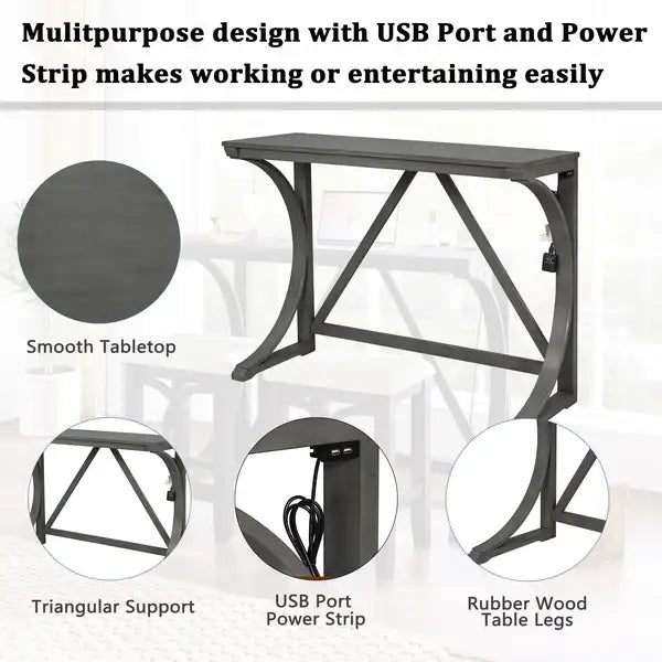 Farmhouse Counter Height Dining Set, 3-Piece with USB Port & Upholstered Stools, Gray - Minihomy