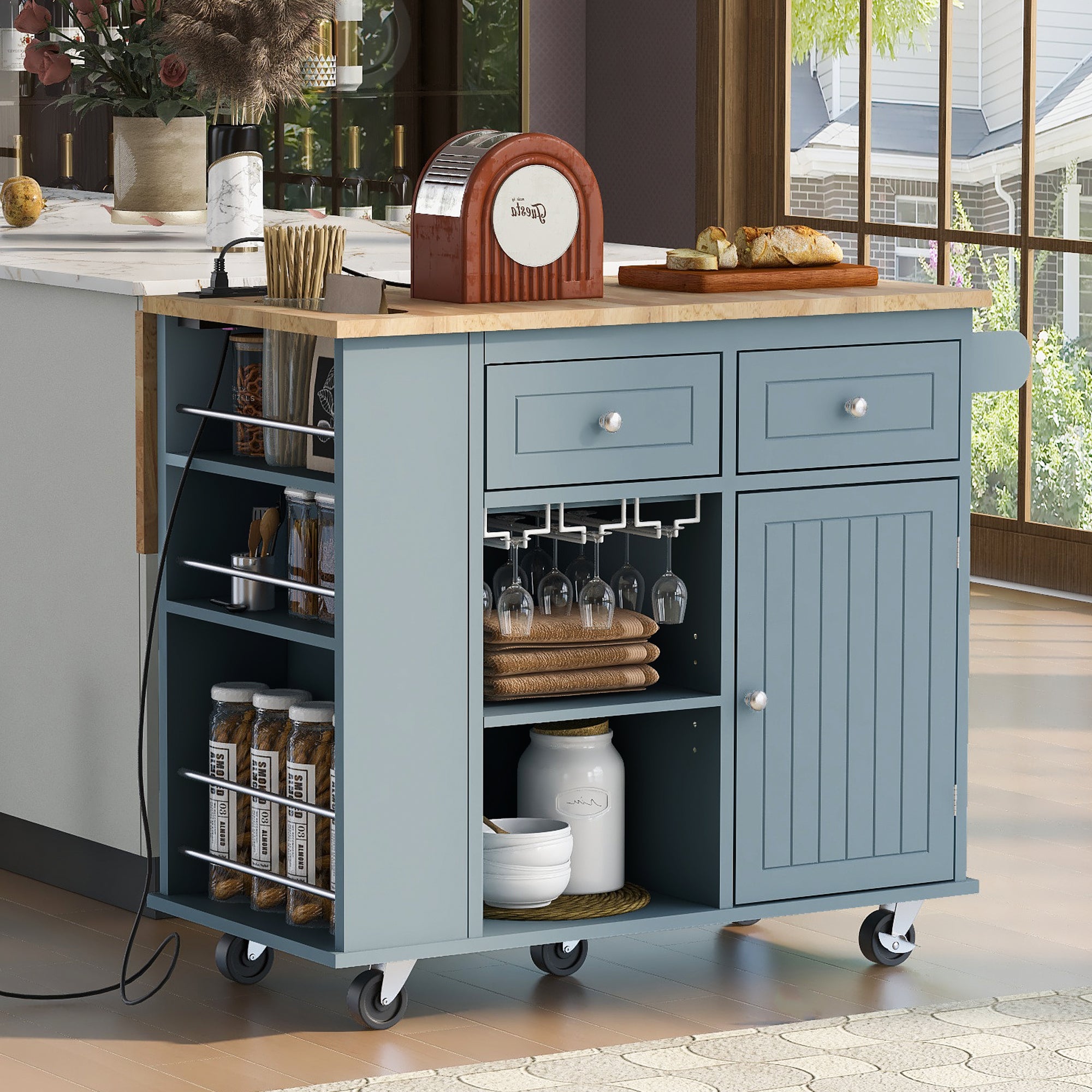 Grey Blue Kitchen Island with Power Outlet, Drop Leaf, Wine Rack & Storage, 5 Wheels