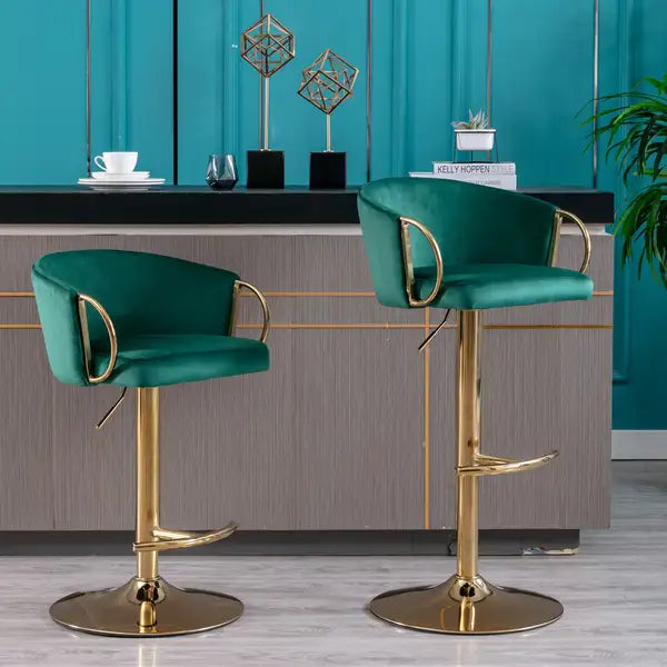 Set of 2 Swivel Bar Stools, Adjustable Height, Velvet Seat, Green with Gold Legs