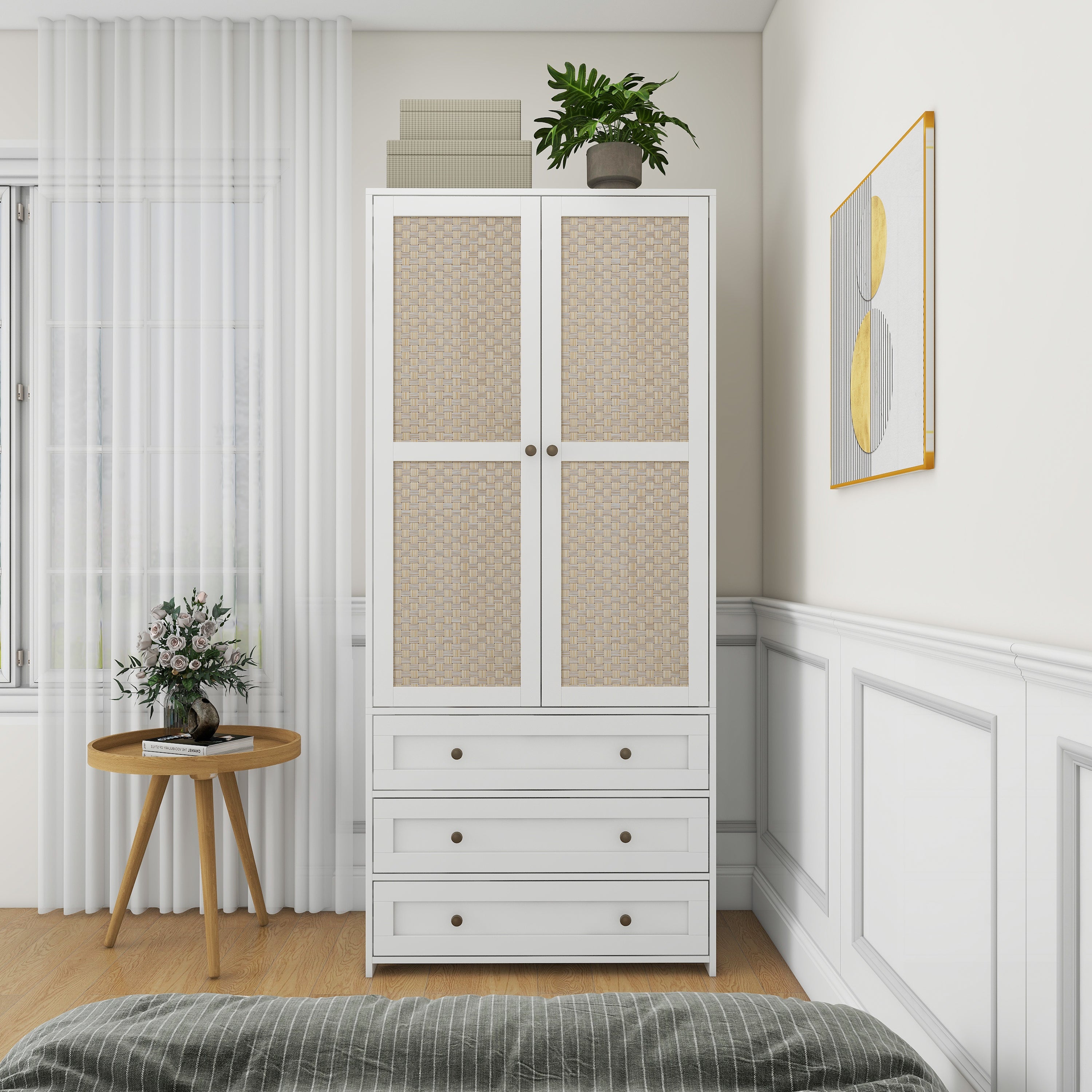 2-Door Rattan Wardrobe with 3 Drawers | Bedroom & Living Room Armoire Organizer