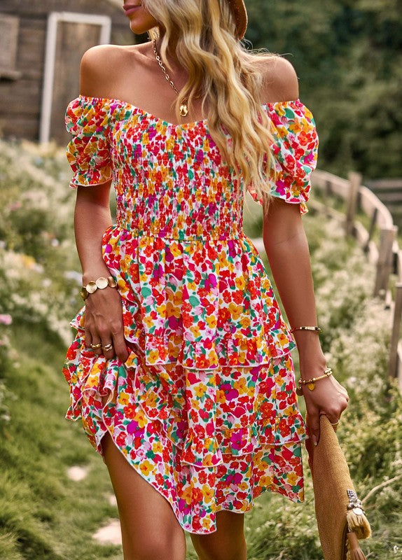 Women's Boho Floral Square Neck Short Sleeve Dress - Summer Fashion