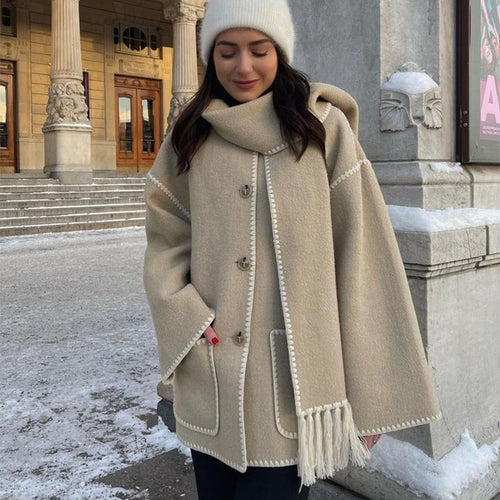 Women's Thickened Woolen Coat With Scarf Tassel Loose Jacket