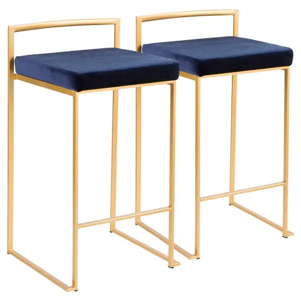 Gold Velvet Counter Stools - Set of 2 - Glam Stackable Barstools