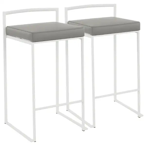 LumiSource Fuji White Counter Stools - Set of 2, Stackable, Faux Leather