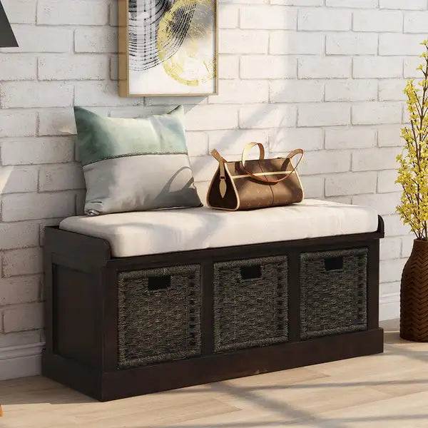 Rustic Storage Bench with 3 Rattan Baskets & Cushion - Espresso