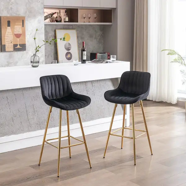 Set of 2 30" Velvet Bar Stools with Chrome Footrest - Black & Gold