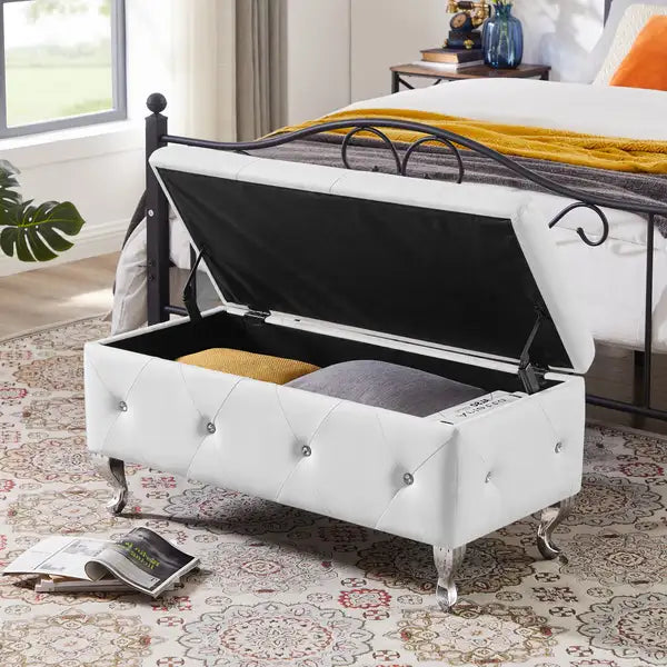 White PU Storage Bench with Padded Seat & Safety Hinge - Holds 250 lbs