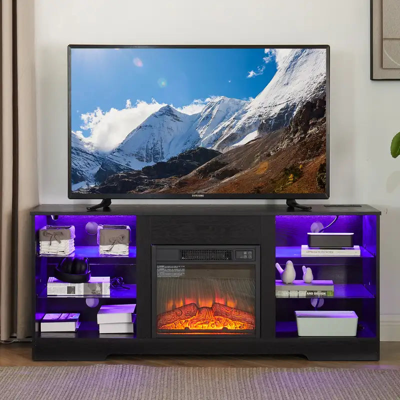 58" Black TV Stand with Electric Fireplace, Glass Shelves & LED Lights