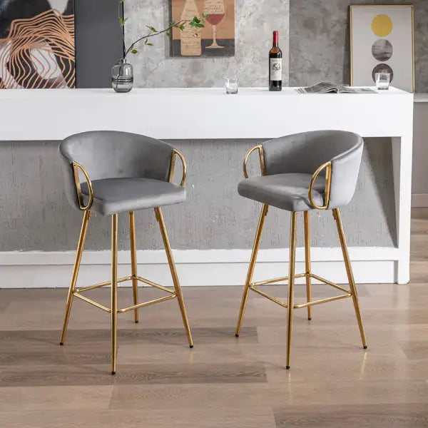 26 Inch Velvet Bar Stools Set of 2, Chrome Footrest, Gold Legs, Gray - Minihomy