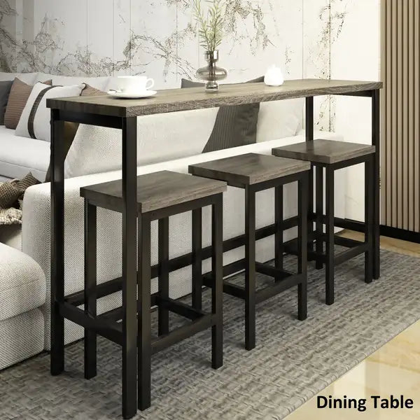 Counter Height Dining Table Set with 3 Stools, Extra Long Pub Kitchen Table with Footrest - Gray - Minihomy