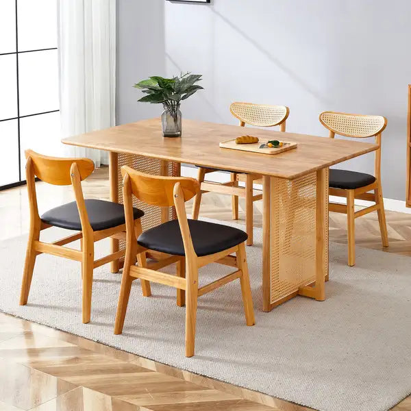 Solid Wood Dining Table & Chair Set - Ancient Style, Imitation Rattan Legs, Home & Office Decoration