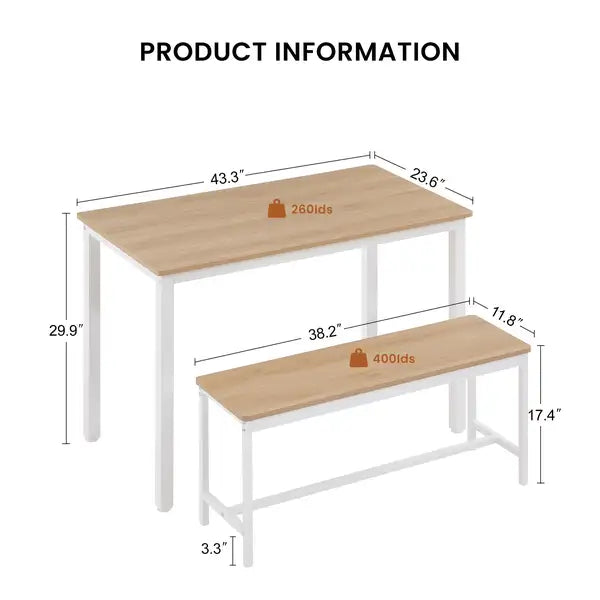 Industrial Dining Table Set with 2 Benches - Natural & White - Kitchen, Living Room, Party Room - Minihomy