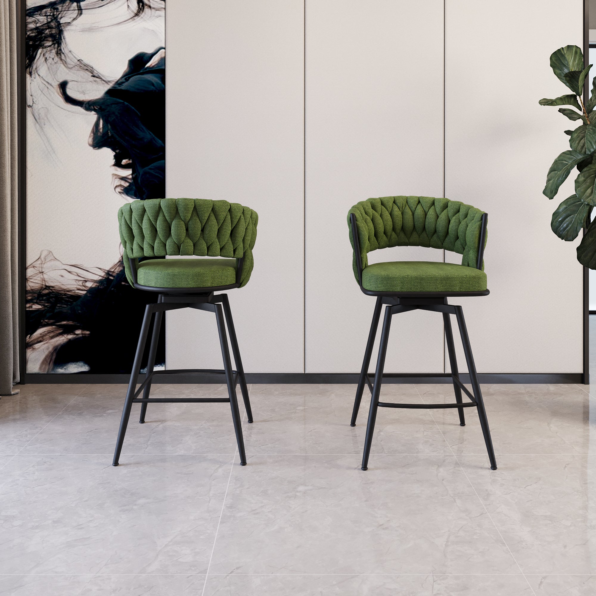 Swivel Bar Stools Set of 2, Upholstered Linen Counter Chairs with Backrest & Footrest (Green)