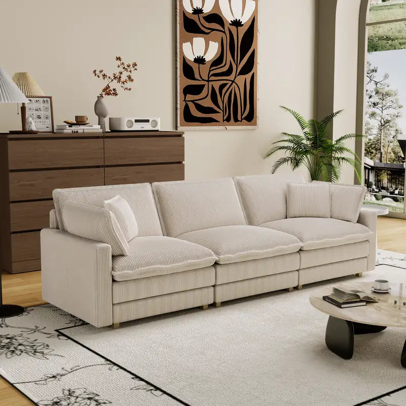 Beige Modular L-Shaped Sectional Sofa with 4 Pillows