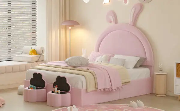 Full Size Upholstered Rabbit Bed with Storage Stools, Pink Velvet Platform Bed with Ears Headboard - Minihomy