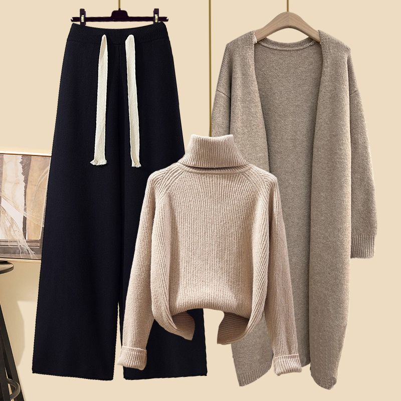 Women's Thickened Knitting Wide-leg Pants Turtleneck Sweater Long Cardigan Jacket