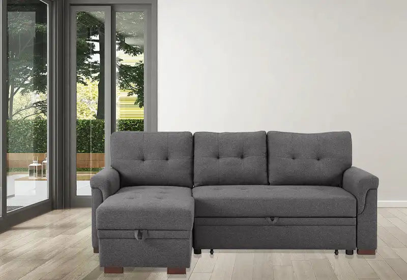 84" Dark Gray Linen Reversible Sleeper Sectional Sofa w/ Storage Chaise