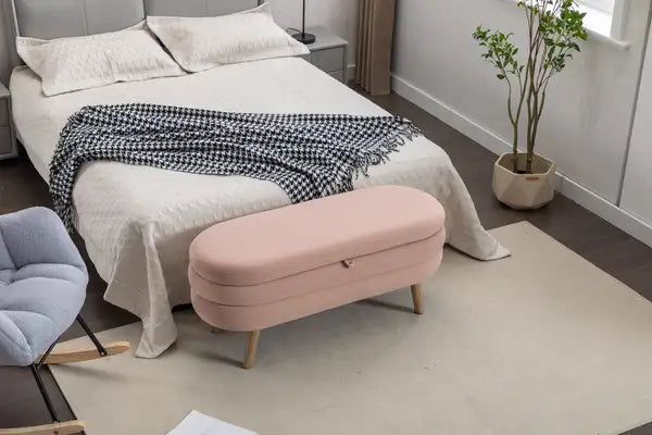 Velvet Storage Bench with Wood Legs - Light Pink Ottoman