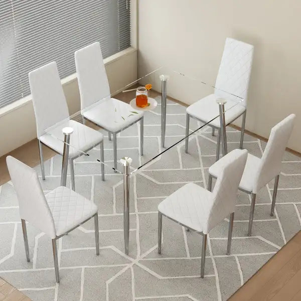 Rectangular Dining Table Set with 6 White Chairs - Tempered Glass Top & Silver Legs