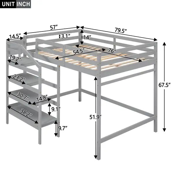 Full Size Loft Bed with Storage Staircase & Clothes Hanger - Gray - Minihomy