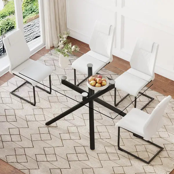 Modern Glass Dining Table Set with Black Metal Legs and PU Cushioned Chairs