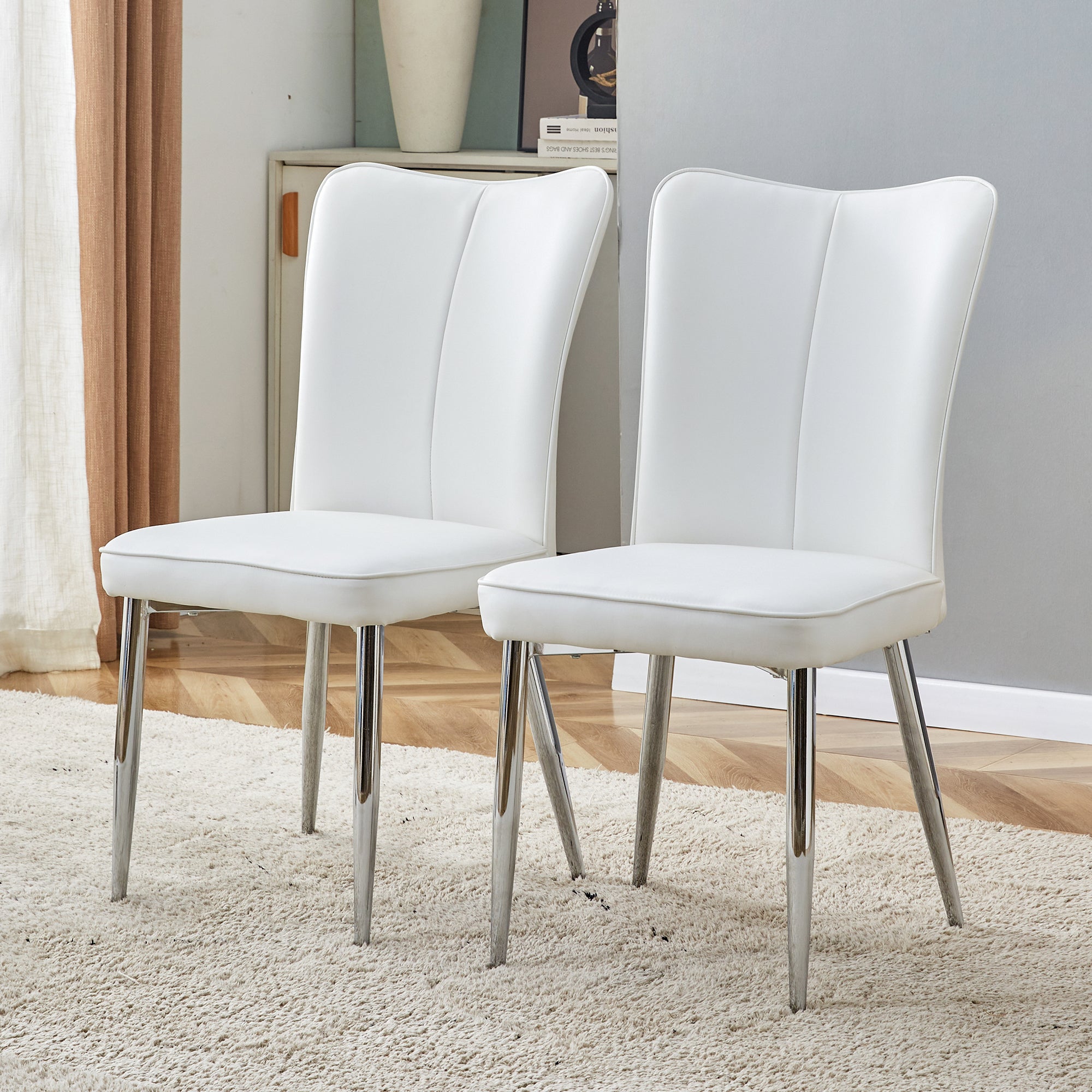 2-Piece Modern Dining Chairs Set - White PU Seat, Silver Metal Legs - Office, Restaurant, Living Room - C-008