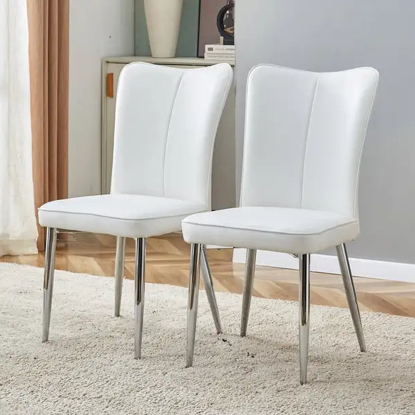 2-Piece Modern Dining Chairs Set - White PU Seat, Silver Metal Legs - Office, Restaurant, Living Room - C-008 - Minihomy