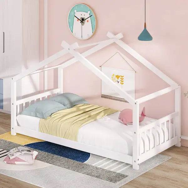 Twin White Wood House Bed Frame - Kids Bedroom Furniture