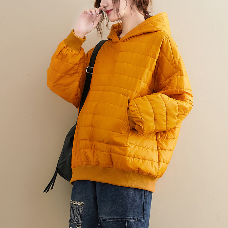 Winter  All-match Preppy Style Solid Color Hooded Loose Long-sleeved Cotton Jacket