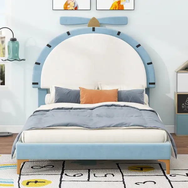 Twin Upholstered Platform Bed with Alarm Clock Headboard - Blue