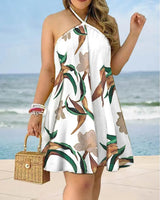 Printed Dress Summer Off-Shoulder Hanging Neck Sleeveless Dresses Women