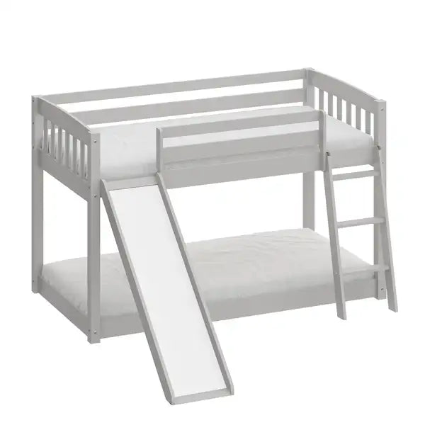 Twin Over Twin Bunk Bed with Slide & Stairs - Solid Wood - Grey - Kids Bunk Beds