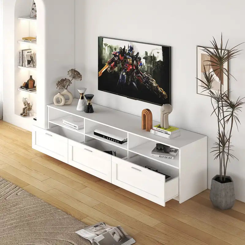 Modern White TV Stand for 80" TVs - Minimalist Open Locker Cabinet